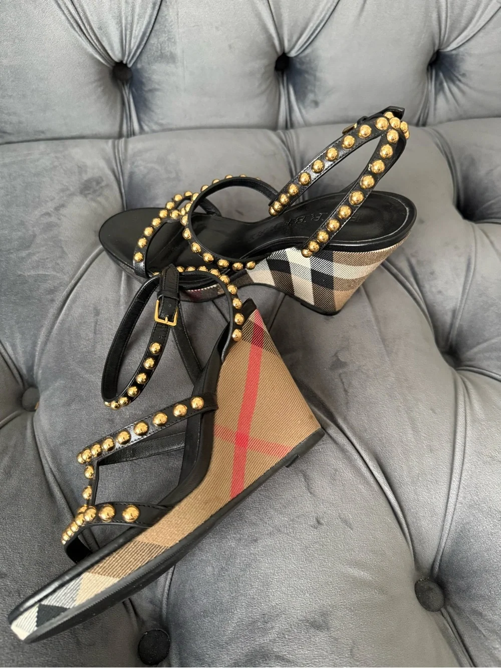 Worn Once! Burberry Black Strappy Studded Check Wedge Sandals